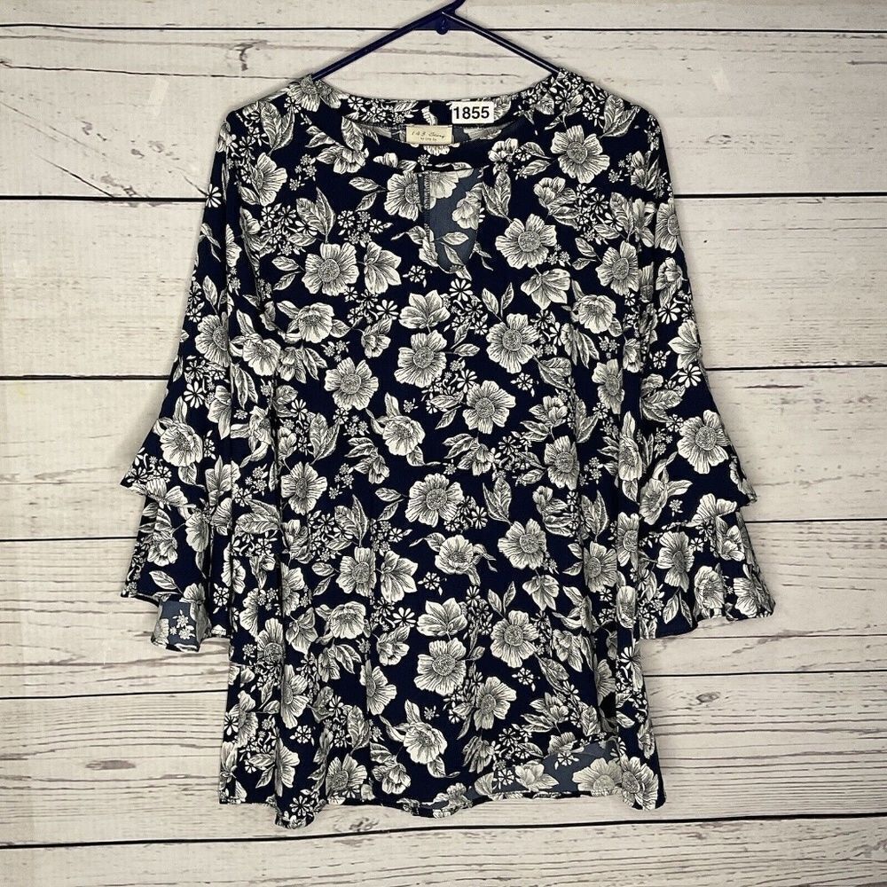 Anthropologie Womens Navy/White Floral Back Neck Keyhole Belle‎ Sleeve Blouse M